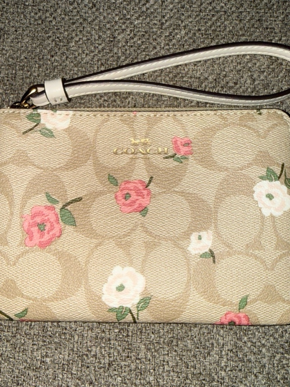 Coach Beige Signature Floral Wristlet with Pink & Cream Flowers